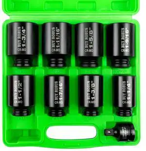 1/2" Drive Impact Socket Set, 9-Piece Standard SAE Deep Axle Nut Sockets, 6-Point, Cr-Mo,1-1/41-3/81-7/161-1/21-9/161-5/81-11/161-3/4, Impact Socket Adapter (3/4" x 1/2") 1/2" Drive Impact Socket Set, 9-Piece Standard SAE Deep Axle Nut Sockets, 6-Point, Cr-Mo,1-1/41-3/81-7/161-1/21-9/161-5/81-11/161-3/4, Impact Socket Adapter (3/4" x 1/2")