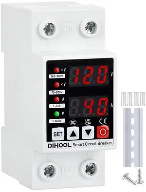 Adjustable Voltage Protector 110V 220V, Low/High Voltage Cutoff and Overcurrent Protection, 70-200V Undervoltage, 140-300V Overvoltage, 1-63A Smart Circuit Breaker AC Disconnect, DIN Rail Mount Adjustable Voltage Protector 110V 220V, Low/High Voltage Cutoff and Overcurrent Protection, 70-200V Undervoltage, 140-300V Overvoltage, 1-63A Smart Circuit Breaker AC Disconnect, DIN Rail Mount