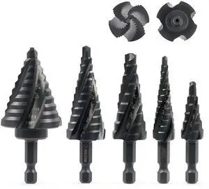 Step Drill Bit Set, 5PCS Four Spiral Flute Step Bits for Metal, 50 Sizes Titanium-Coated HSS Drill Bits with 1/4" Hex Shank for Stainless Steel Aluminum Wood Plastic Step Drill Bit Set, 5PCS Four Spiral Flute Step Bits for Metal, 50 Sizes Titanium-Coated HSS Drill Bits with 1/4" Hex Shank for Stainless Steel Aluminum Wood Plastic