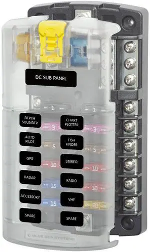 ST Blade Fuse Block 12 Circuit with Ground and Cover, 100 Amps, 5026 | Tin-plated copper buses resist corrosion, clear cover with spare fuse storage, up to 30A per ATO or ATC fused branch ST Blade Fuse Block 12 Circuit with Ground and Cover, 100 Amps, 5026 | Tin-plated copper buses resist corrosion, clear cover with spare fuse storage, up to 30A per ATO or ATC fused branch