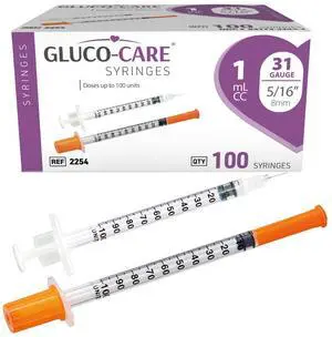 1mL Syringe, 31G x 5/16" (8mm), orange cap, 100 count/box | Fine needle tip; suitable for home and laboratory use; transparent barrel with clear, bold graduations; smooth-gliding plunger (with safety 1mL Syringe, 31G x 5/16" (8mm), orange cap, 100 count/box | Fine needle tip; suitable for home and laboratory use; transparent barrel with clear, bold graduations; smooth-gliding plunger (with safety