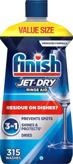 Specialized dishwasher rinse aid; use alongside dishwasher detergent to prevent water spots and residue, aid drying, enhance shine, and provide protection; 32 oz bottle (lasts for 315 wash cycles). Specialized dishwasher rinse aid; use alongside dishwasher detergent to prevent water spots and residue, aid drying, enhance shine, and provide protection; 32 oz bottle (lasts for 315 wash cycles).