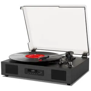 Vinyl Record Player with Speakers, Belt-Drive 3 Speed Vintage Bluetooth Turntable, USB Recording, AUX-in & RCA Line Out LP Player, Black Vinyl Record Player with Speakers, Belt-Drive 3 Speed Vintage Bluetooth Turntable, USB Recording, AUX-in & RCA Line Out LP Player, Black