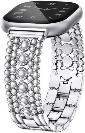 Metal Bands Compatible with Fitbit Sense 2/Versa 4/Versa 3/Sense Bands Women, Pretty Dressy Stainless Steel Metal Dual Tone Adjustable Round Studded Link Bracelet Replacement Strap for Versa 4 Metal Bands Compatible with Fitbit Sense 2/Versa 4/Versa 3/Sense Bands Women, Pretty Dressy Stainless Steel Metal Dual Tone Adjustable Round Studded Link Bracelet Replacement Strap for Versa 4
