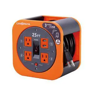 25 Ft. Extension Cord Reel, 4 Outlets, 2 USB Ports | 16 AWG SJT cable, 2.4A fast-charge USB, compact storage reel design 25 Ft. Extension Cord Reel, 4 Outlets, 2 USB Ports | 16 AWG SJT cable, 2.4A fast-charge USB, compact storage reel design