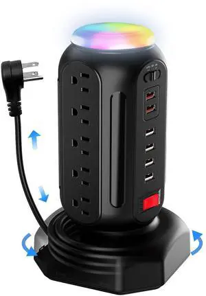 Power Strip Tower with Colorful Nightlight, 15 AC Outlets and 6 Fasting USB Ports, Retractable Extension Cord with Multiple Outlets, 900 J Surge Protector with Right Flat Plug (Black) Power Strip Tower with Colorful Nightlight, 15 AC Outlets and 6 Fasting USB Ports, Retractable Extension Cord with Multiple Outlets, 900 J Surge Protector with Right Flat Plug (Black)