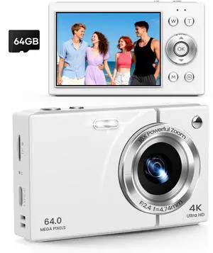 Digital Camera, 4K Vlogging Camera, Autofocus, 64GB Card, Built-in Battery | 64MP, 16X Zoom, Self-Timer, Compact Digital Camera for Teens Adult Beginners, Ideal for Travel & YouTube - White Digital Camera, 4K Vlogging Camera, Autofocus, 64GB Card, Built-in Battery | 64MP, 16X Zoom, Self-Timer, Compact Digital Camera for Teens Adult Beginners, Ideal for Travel & YouTube - White