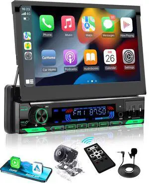 Single Din Motorized Flip Out Car Stereo with CarPlay and Android Auto, 7 Inch Touchscreen Car Radio, Bluetooth, FM AM RDS, DSP, Backup Camera Input, Steering Wheel Control, USB Single Din Motorized Flip Out Car Stereo with CarPlay and Android Auto, 7 Inch Touchscreen Car Radio, Bluetooth, FM AM RDS, DSP, Backup Camera Input, Steering Wheel Control, USB