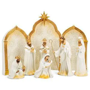 133014 Nativity Gold Dot Ivory with Triptych Backdrop Set of 9, 11.25 inch 133014 Nativity Gold Dot Ivory with Triptych Backdrop Set of 9, 11.25 inch