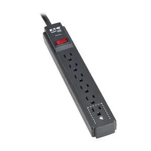 Eaton Series 6-Outlet Surge Protector Power Strip, 3ft Extension Cord, 600 Joules, 15A Circuit Breaker, Black, Manufacturer's & $10,000 Insurance (TLP63B) Eaton Series 6-Outlet Surge Protector Power Strip, 3ft Extension Cord, 600 Joules, 15A Circuit Breaker, Black, Manufacturer's & $10,000 Insurance (TLP63B)