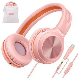 Kids Wired Headphones for School, USB C to 3.5mm Dongle Stereo Sound Foldable Headphones w/Mic, Share Port & Safe Volume, Passive Noise Cancelling w/Pouch for iPhone iPad PC Travel (Pink) Kids Wired Headphones for School, USB C to 3.5mm Dongle Stereo Sound Foldable Headphones w/Mic, Share Port & Safe Volume, Passive Noise Cancelling w/Pouch for iPhone iPad PC Travel (Pink)