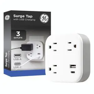 UltraPro 3-Outlet Sur Protector Wall Tap, 980J, USB-C & USB-A Ports | Adapter-Spaced Outlets, Circuit Breaker, ETL Certified, Low-Profile Design, White, 85875 UltraPro 3-Outlet Sur Protector Wall Tap, 980J, USB-C & USB-A Ports | Adapter-Spaced Outlets, Circuit Breaker, ETL Certified, Low-Profile Design, White, 85875