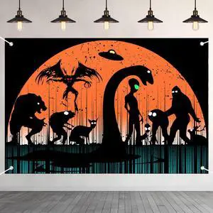 Mysterious Creatures Silhouette Backdrop Banner - Bigfoot, Werewolf, Mothman, Alien UFO & Loch Ness Monster Design for Halloween Photography, Studio Background, Scary Party 72x43 Inch Mysterious Creatures Silhouette Backdrop Banner - Bigfoot, Werewolf, Mothman, Alien UFO & Loch Ness Monster Design for Halloween Photography, Studio Background, Scary Party 72x43 Inch