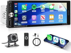 Single Din Car Stereo with Wireless CarPlay Android Auto Mirror Link, Car Radio Bluetooth Handsfree Headunit 6.9 Inch 1 Din IPS Touch Screen FM Type-C USB Charging EQ SWC with Reverse Camera Single Din Car Stereo with Wireless CarPlay Android Auto Mirror Link, Car Radio Bluetooth Handsfree Headunit 6.9 Inch 1 Din IPS Touch Screen FM Type-C USB Charging EQ SWC with Reverse Camera