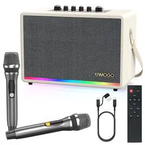 Portable Bluetooth Speaker with 2 Wireless Mics | 70W Peak Deep Bass Birchwood Cabinet | Bluetooth PA System for Outdoor Camping, Backyard| Dynamic LED Lights USB/AUX/OTG Rechargeable Battery (White) Portable Bluetooth Speaker with 2 Wireless Mics | 70W Peak Deep Bass Birchwood Cabinet | Bluetooth PA System for Outdoor Camping, Backyard| Dynamic LED Lights USB/AUX/OTG Rechargeable Battery (White)