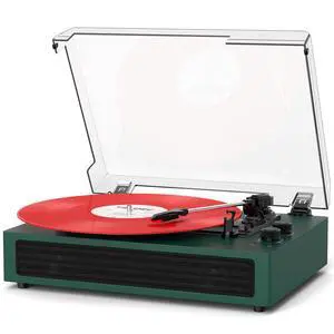 Green Bluetooth Record Player, 3-Speed Belt Drive Turntable | Customize your sound with bass & treble control, Bluetooth, 3-speed playback, stereo speakers, RCA, AUX and headphone jack Green Bluetooth Record Player, 3-Speed Belt Drive Turntable | Customize your sound with bass & treble control, Bluetooth, 3-speed playback, stereo speakers, RCA, AUX and headphone jack
