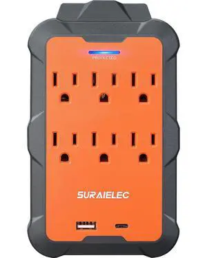 Multi Plug Wall Outlet Extender, 6 AC Outlets with USB-A & USB-C | Overmolded Rubber Housing, 980J Surge Protection, Heavy Duty for Workshop, Garage, ETL Listed Multi Plug Wall Outlet Extender, 6 AC Outlets with USB-A & USB-C | Overmolded Rubber Housing, 980J Surge Protection, Heavy Duty for Workshop, Garage, ETL Listed
