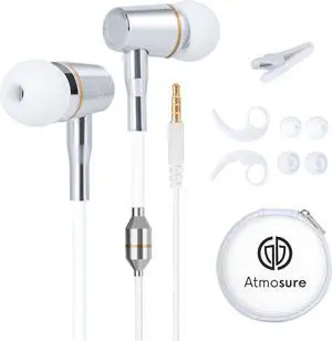 ATMOSURE Air Tube Headphones 3.5mm Jack with Microphone (White) | Volume Control, Sports Clip, 3 Ear Tips Sizes and Carry Case, White for iPhone, Android, Computers ATMOSURE Air Tube Headphones 3.5mm Jack with Microphone (White) | Volume Control, Sports Clip, 3 Ear Tips Sizes and Carry Case, White for iPhone, Android, Computers