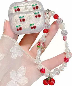 3D Cherry Case with Keychain for AirPods 4, Clear Diamonds Aesthetic Shockproof Cover with Cute Pearl Strap for Women Girls Protective Cover 3D Cherry Case with Keychain for AirPods 4, Clear Diamonds Aesthetic Shockproof Cover with Cute Pearl Strap for Women Girls Protective Cover
