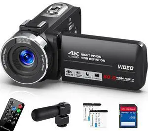 4K HD 80MP Camcorder Video Camera 18X Digital Zoom 3.0 IPS Screen Vlogging Camera for YouTube IR Night Vision Video Recorder with 32GB SD Card, 2 Batteries, Remote Control and Microphone 4K HD 80MP Camcorder Video Camera 18X Digital Zoom 3.0 IPS Screen Vlogging Camera for YouTube IR Night Vision Video Recorder with 32GB SD Card, 2 Batteries, Remote Control and Microphone