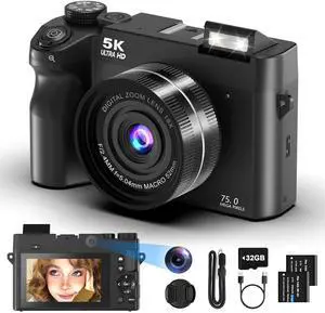 5K Digital Camera for Vlogging, 75MP Photo Camera with 3" Screen | Compact beginner video creator bundle, 18X zoom, 30 built-in creative filters, dual batteries and 32GB SD card included 5K Digital Camera for Vlogging, 75MP Photo Camera with 3" Screen | Compact beginner video creator bundle, 18X zoom, 30 built-in creative filters, dual batteries and 32GB SD card included