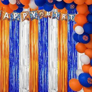 Dart War Party Photo Booth Props Backdrop Orange Blue Sliver Foil Fringe Curtains for Dart War Outer Space Birthday Party Decorations 3 Pack.9.9x19.8ft Dart War Party Photo Booth Props Backdrop Orange Blue Sliver Foil Fringe Curtains for Dart War Outer Space Birthday Party Decorations 3 Pack.9.9x19.8ft