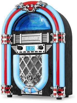 Redding - Bluetooth Jukebox Speaker with Lightshow - Silver | Built-in speaker, FM radio, Bluetooth and 3.5mm aux input, 5 color-changing LED tubes, compact 50s diner design, corded power Redding - Bluetooth Jukebox Speaker with Lightshow - Silver | Built-in speaker, FM radio, Bluetooth and 3.5mm aux input, 5 color-changing LED tubes, compact 50s diner design, corded power