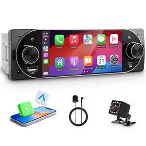Single Din Car Radio with Apple CarPlay, Backup CameraExternal Mic,Single Din Touchscreen Radio Supports Android Auto, Bluetooth, Dual Physical Knobs,SWC, EQ, FM Radio (Black) Single Din Car Radio with Apple CarPlay, Backup CameraExternal Mic,Single Din Touchscreen Radio Supports Android Auto, Bluetooth, Dual Physical Knobs,SWC, EQ, FM Radio (Black)