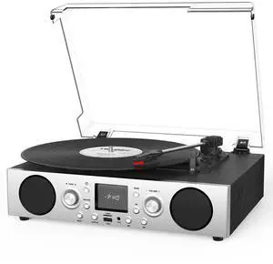 Record Player with Built-in Speakers, Belt-Driven Turntable with FM Radio & Bluetooth Receiver, 3-Speed Vinyl Player with USB Recording, RCA Line Out, AUX in & Auto Stop, Silver Black Record Player with Built-in Speakers, Belt-Driven Turntable with FM Radio & Bluetooth Receiver, 3-Speed Vinyl Player with USB Recording, RCA Line Out, AUX in & Auto Stop, Silver Black