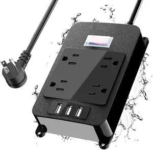 Outlet Extender, Waterproof Surge Protector Power Strip 6 Ft Cord, Outdoor Extension Cord with Multiple Outlets, Shockproof Overload Protection Black (Black-4AC-3A) Outlet Extender, Waterproof Surge Protector Power Strip 6 Ft Cord, Outdoor Extension Cord with Multiple Outlets, Shockproof Overload Protection Black (Black-4AC-3A)