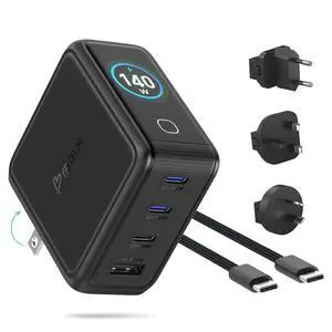 Gansta 140W USB-C GaN Laptop World Charger, 4-Port (3 USB-C + 1 USB-A), PD 3.1 140W, Smart LCD Display, MacBook Pro 16" Travel Charger + EU/UK/AU Adapters, Braided Cable & Pouch Gansta 140W USB-C GaN Laptop World Charger, 4-Port (3 USB-C + 1 USB-A), PD 3.1 140W, Smart LCD Display, MacBook Pro 16" Travel Charger + EU/UK/AU Adapters, Braided Cable & Pouch
