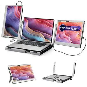 F2 Laptop Screen Extender, 14'' 1080P Triple Portable Monitor for Laptop, 360 Rotating Monitor Desk Workstation with Multiple Laptops Stand for mac Windows Surface PS Switch F2 Laptop Screen Extender, 14'' 1080P Triple Portable Monitor for Laptop, 360 Rotating Monitor Desk Workstation with Multiple Laptops Stand for mac Windows Surface PS Switch