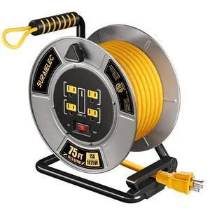 12 Gauge Extension Cord Reel, Metal Steel Cable Drum, 75 Ft | 4 Grounded Outlets, USB-A & USB-C Port, 15 AMP, Retractable Cord Reel with Winding Handle, for Workshop, Garage, Jobsite 12 Gauge Extension Cord Reel, Metal Steel Cable Drum, 75 Ft | 4 Grounded Outlets, USB-A & USB-C Port, 15 AMP, Retractable Cord Reel with Winding Handle, for Workshop, Garage, Jobsite