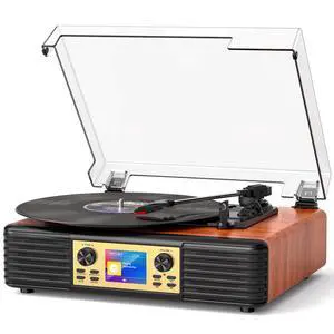 Vintage Vinyl Record Player with Speakers, PC Recording, Red | 3-speed belt drive Bluetooth turntable with LCD and alarm/sleep, RCA/AUX, headphone jack, retro wood décor gift for home Vintage Vinyl Record Player with Speakers, PC Recording, Red | 3-speed belt drive Bluetooth turntable with LCD and alarm/sleep, RCA/AUX, headphone jack, retro wood décor gift for home