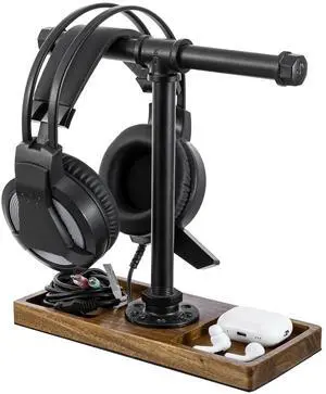 Premium Acacia Solid Wood and Industrial Black Metal Pipe T-Bar Over Ear Headphones Holder, Tabletop Dual Headphone Display Stand with Accessories Tray Premium Acacia Solid Wood and Industrial Black Metal Pipe T-Bar Over Ear Headphones Holder, Tabletop Dual Headphone Display Stand with Accessories Tray