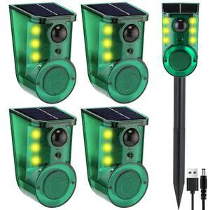 4 Pack Solar Outdoor Ultrasonic Motion Sensor Alarm with Stake, 4-Mode Woking Ultrasound and 129db Loud Noise Alarms Motion Detector with Sensor Strobe Light for Yard, Garden, Farm 4 Pack Solar Outdoor Ultrasonic Motion Sensor Alarm with Stake, 4-Mode Woking Ultrasound and 129db Loud Noise Alarms Motion Detector with Sensor Strobe Light for Yard, Garden, Farm
