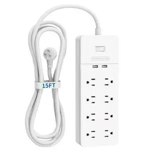 Flat Plug Extension Cord 15Ft - 8 Outlets Surge Protector Power Strip with 2 USB, Overload Protection, 1080 Joules, ETL Listed, 15A/1850W, Wall Mountable for Home Office and Workbench, White Flat Plug Extension Cord 15Ft - 8 Outlets Surge Protector Power Strip with 2 USB, Overload Protection, 1080 Joules, ETL Listed, 15A/1850W, Wall Mountable for Home Office and Workbench, White