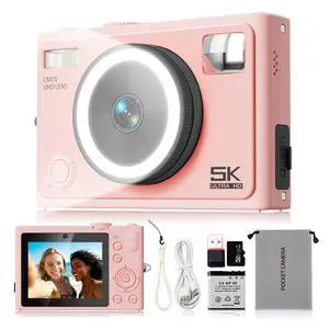 5K 64MP Autofocus Digital Camera, 360° Ring Light with 32GB SD Card | Dual front & rear cameras with 5 instant filters | Oneclick skin smoothing | Pocketsized | 64MP stills capability 5K 64MP Autofocus Digital Camera, 360° Ring Light with 32GB SD Card | Dual front & rear cameras with 5 instant filters | Oneclick skin smoothing | Pocketsized | 64MP stills capability