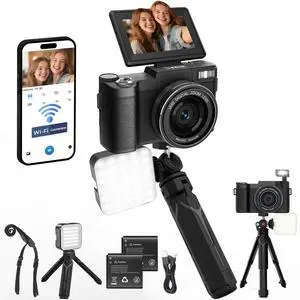 5K Vlogging Camera with WiFi 4K Digital Camera for Photography | Flip Screen, Slow Motion, Self-timer, 64MP Video Camera for Youtube with Selfie Light, Desk Tripod, Batteries, Strap 5K Vlogging Camera with WiFi 4K Digital Camera for Photography | Flip Screen, Slow Motion, Self-timer, 64MP Video Camera for Youtube with Selfie Light, Desk Tripod, Batteries, Strap