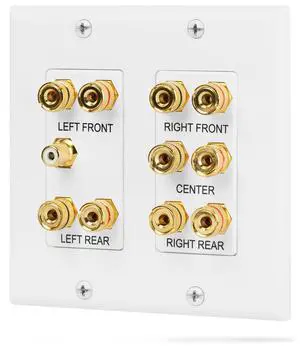 2-Gang 5.1 Surround Distribution Home Theater Wall Plate, White | Gold Plated Copper Banana Binding Post Coupler Outlet Faceplate for Speakers and RCA Jack Subwoofer Wire Connections 2-Gang 5.1 Surround Distribution Home Theater Wall Plate, White | Gold Plated Copper Banana Binding Post Coupler Outlet Faceplate for Speakers and RCA Jack Subwoofer Wire Connections