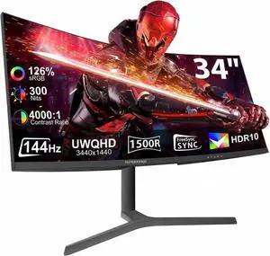 34 Inch Curved Monitor 180Hz, UWQHD 3440x1440p Ultrawide Gaming Monitor 1500R with Speaker, PIP/PBP, 4000:1 Contrast, sRGB126%, HDR, FreeSync & G-SYNC, 1ms(MPRT), HDMI/DP Port, Adjustable Stand, VESA 34 Inch Curved Monitor 180Hz, UWQHD 3440x1440p Ultrawide Gaming Monitor 1500R with Speaker, PIP/PBP, 4000:1 Contrast, sRGB126%, HDR, FreeSync & G-SYNC, 1ms(MPRT), HDMI/DP Port, Adjustable Stand, VESA