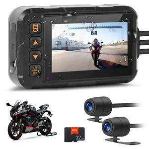 Motorcycle Dash Cam Dual HD Camera Front and Rear View,3" IPS Screen 720P IP67 Waterproof 150° Wide Angle Sportbike Recording DVR with G-Sensor,Loop Recording,Night Vision,Parking Monitor+32G SD Motorcycle Dash Cam Dual HD Camera Front and Rear View,3" IPS Screen 720P IP67 Waterproof 150° Wide Angle Sportbike Recording DVR with G-Sensor,Loop Recording,Night Vision,Parking Monitor+32G SD