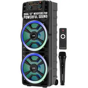 Bluetooth Party Speaker with Wireless Mics, Dual 12" Woofers | RGB Party Lights, AUX Input, Rechargeable Battery, Remote Control Included, 37" Tall Design, Deep Bass Performance Bluetooth Party Speaker with Wireless Mics, Dual 12" Woofers | RGB Party Lights, AUX Input, Rechargeable Battery, Remote Control Included, 37" Tall Design, Deep Bass Performance