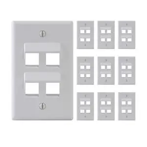 Angled 4-Port Keystone Wall Plate (10 Pack), UL Listed, Durable ABS Plastic, Single Gang Wall Plate for RJ45 Modular Inserts, White Angled 4-Port Keystone Wall Plate (10 Pack), UL Listed, Durable ABS Plastic, Single Gang Wall Plate for RJ45 Modular Inserts, White