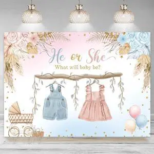 Boho Gender Reveal Backdrop He or She Sign Banner Blue and Pink Cute Baby Clothes Gender Reveal Party Decorations Pampas Grass Floral Baby Shower Party Background Supplies 7x5ft Boho Gender Reveal Backdrop He or She Sign Banner Blue and Pink Cute Baby Clothes Gender Reveal Party Decorations Pampas Grass Floral Baby Shower Party Background Supplies 7x5ft