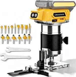 Brushless Cordless Router for Woodworking, Compatible with Dewalt 20V Battery (Battery Not Included), 6-Speed, 30000-RPM Trim Router, 15-Pcs Trim Bits for Edge Trimming, Grooving (Black and Yellow) Brushless Cordless Router for Woodworking, Compatible with Dewalt 20V Battery (Battery Not Included), 6-Speed, 30000-RPM Trim Router, 15-Pcs Trim Bits for Edge Trimming, Grooving (Black and Yellow)