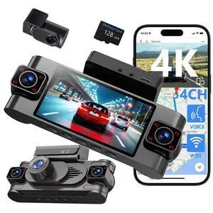 4 Channel Dash Cam 360 for Cars, 4k dashcam Front Rear Inside Camera with 128GB Card, 5.8GHz WiFi GPS, Voice Control, Super Night Vision, 24/7 Parking Monitor, Loop Recording 4 Channel Dash Cam 360 for Cars, 4k dashcam Front Rear Inside Camera with 128GB Card, 5.8GHz WiFi GPS, Voice Control, Super Night Vision, 24/7 Parking Monitor, Loop Recording