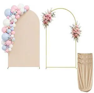 7.2FT Metal Arch Backdrop Stand with Beige Spandex Arch Cover | and Set of 3 Beige Elastic Cylinder Pedestal Stand Covers for Wedding Birthday Parties Event Decor 7.2FT Metal Arch Backdrop Stand with Beige Spandex Arch Cover | and Set of 3 Beige Elastic Cylinder Pedestal Stand Covers for Wedding Birthday Parties Event Decor