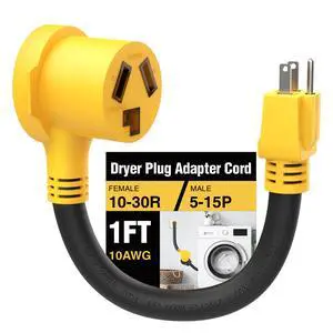 Renters Friendly NEMA 5-15P Household Plug to 10-30R Dryer Adapter Cord 12 Inch Heavy Duty STW 10 Gauge ONLY for 120V Device EV Power Cord Renters Friendly NEMA 5-15P Household Plug to 10-30R Dryer Adapter Cord 12 Inch Heavy Duty STW 10 Gauge ONLY for 120V Device EV Power Cord