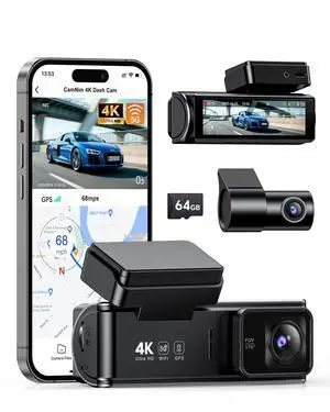 4K+1080P Dash Cam Front and Rear, 5GHz WiFi, GPS, 64GB Card Included | 4K front + 1080P rear, dual-band WiFi app control, night vision, G-sensor, 170° view, 24H parking (hardwire required) 4K+1080P Dash Cam Front and Rear, 5GHz WiFi, GPS, 64GB Card Included | 4K front + 1080P rear, dual-band WiFi app control, night vision, G-sensor, 170° view, 24H parking (hardwire required)